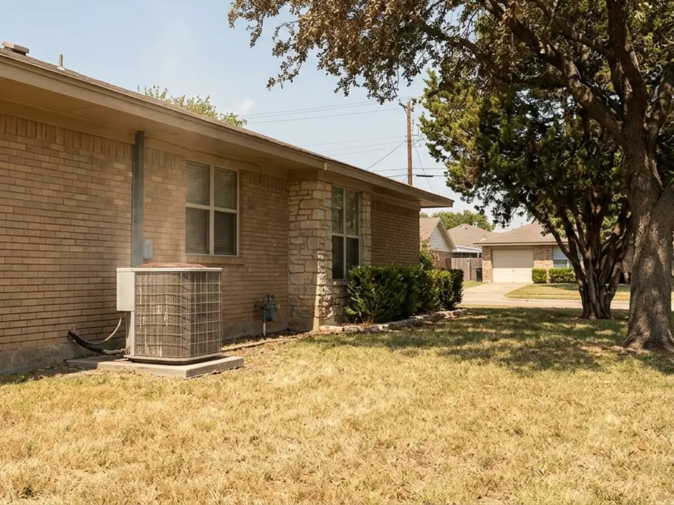 North Texas brick ranch with an outdoor air-conditioner condenser beside the wall and a dry summer lawn.