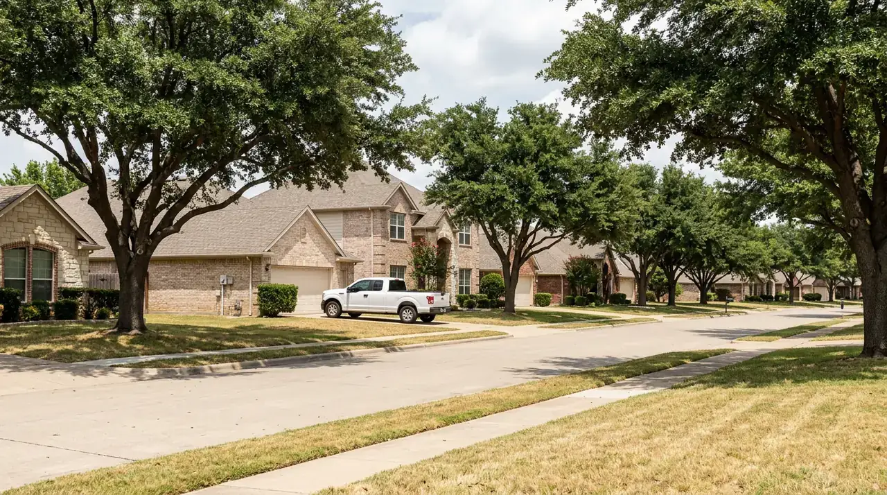 North Texas suburban street of brick houses, live oak trees, and dry late-summer lawns.