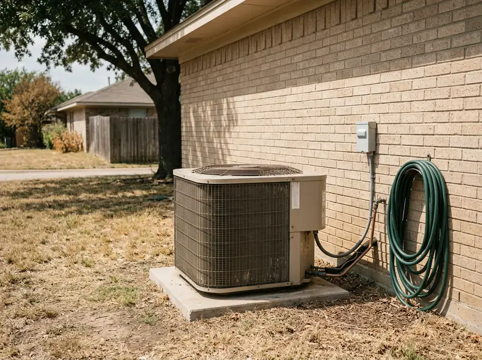 Outdoor air-conditioner condenser on a pad beside a North Texas brick house in summer sun.